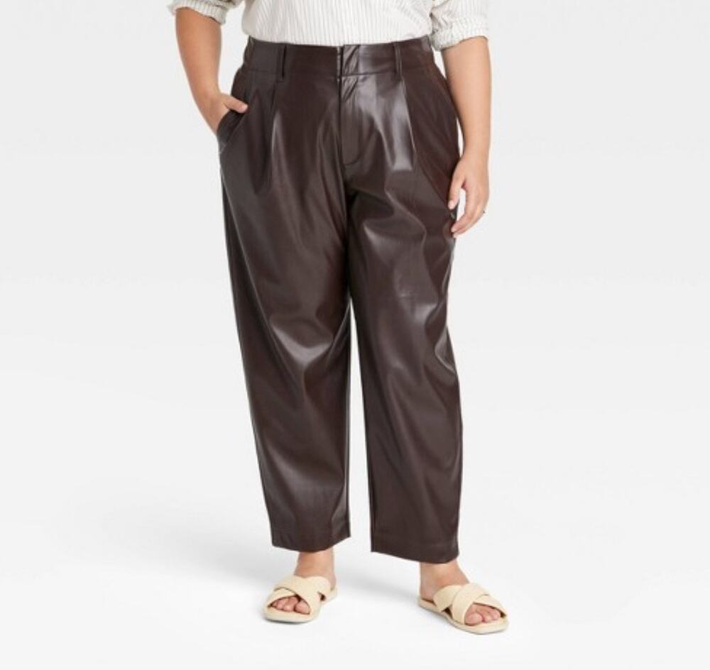 A New Day Black Faux Leather Pleather Dress Pants Womens 14 Tapered Ankle Plus